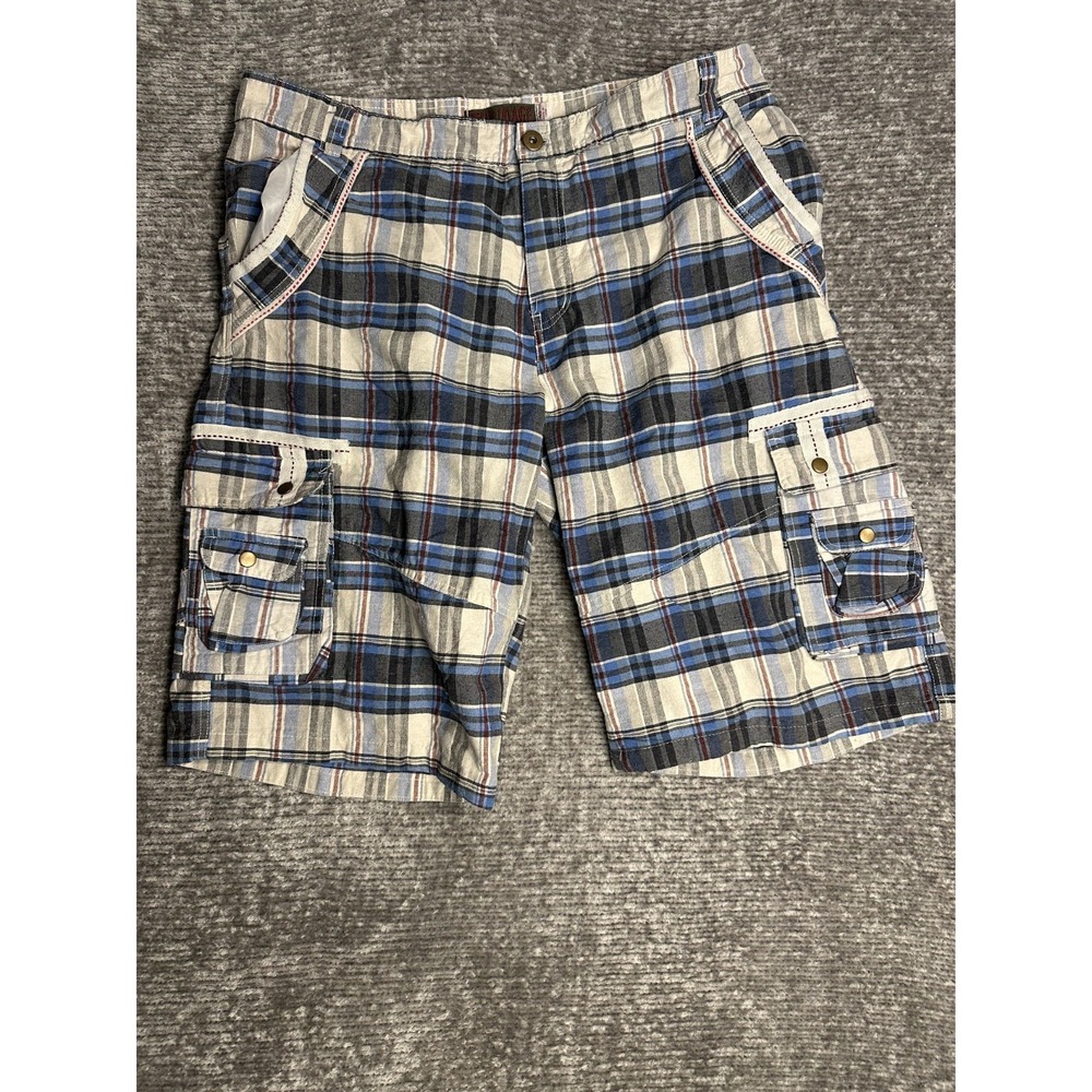 Vintage Cargo Shorts Size 40 Plaid Blue White Y2K Baggy Cotton Skater The Image